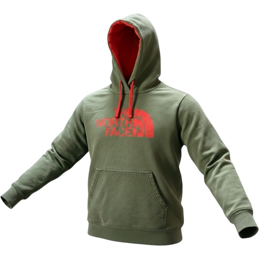 The North Face Hoodie Mens Olive Green Red Logo Pullover Hooded Sweatshirt Large